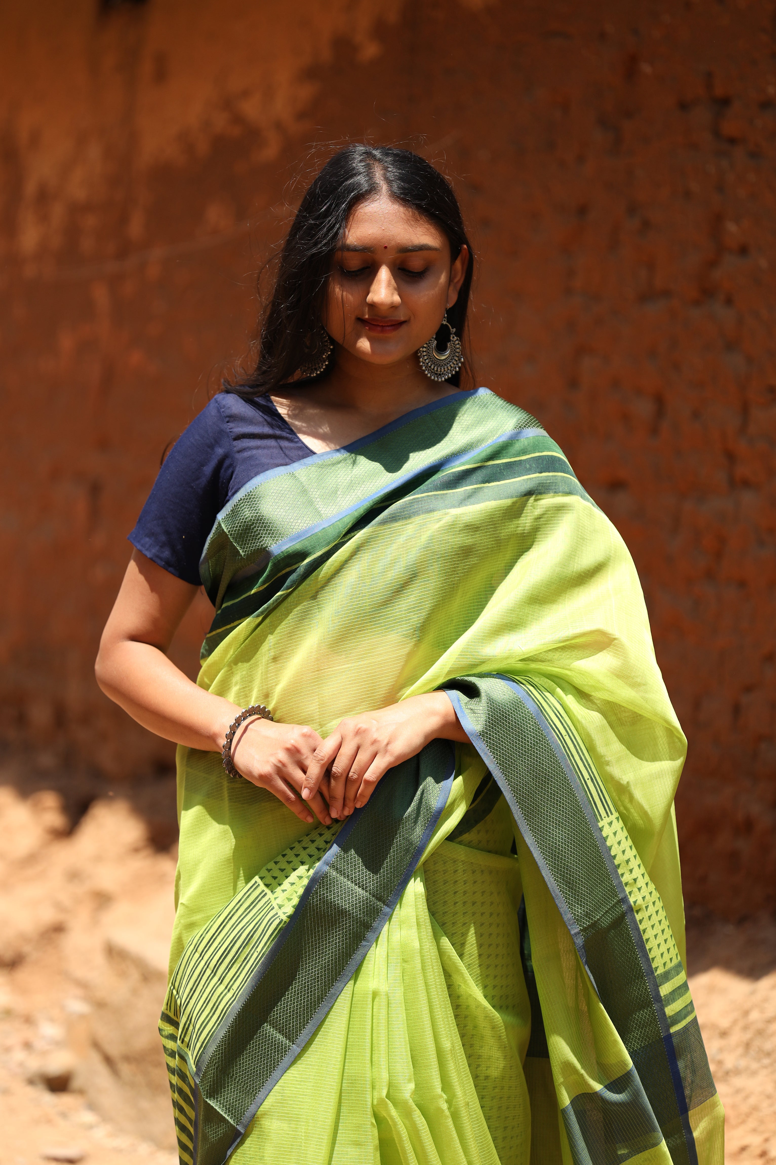 Banana Leaf Green Dots & Dashes Maheshwari Silk Cotton
