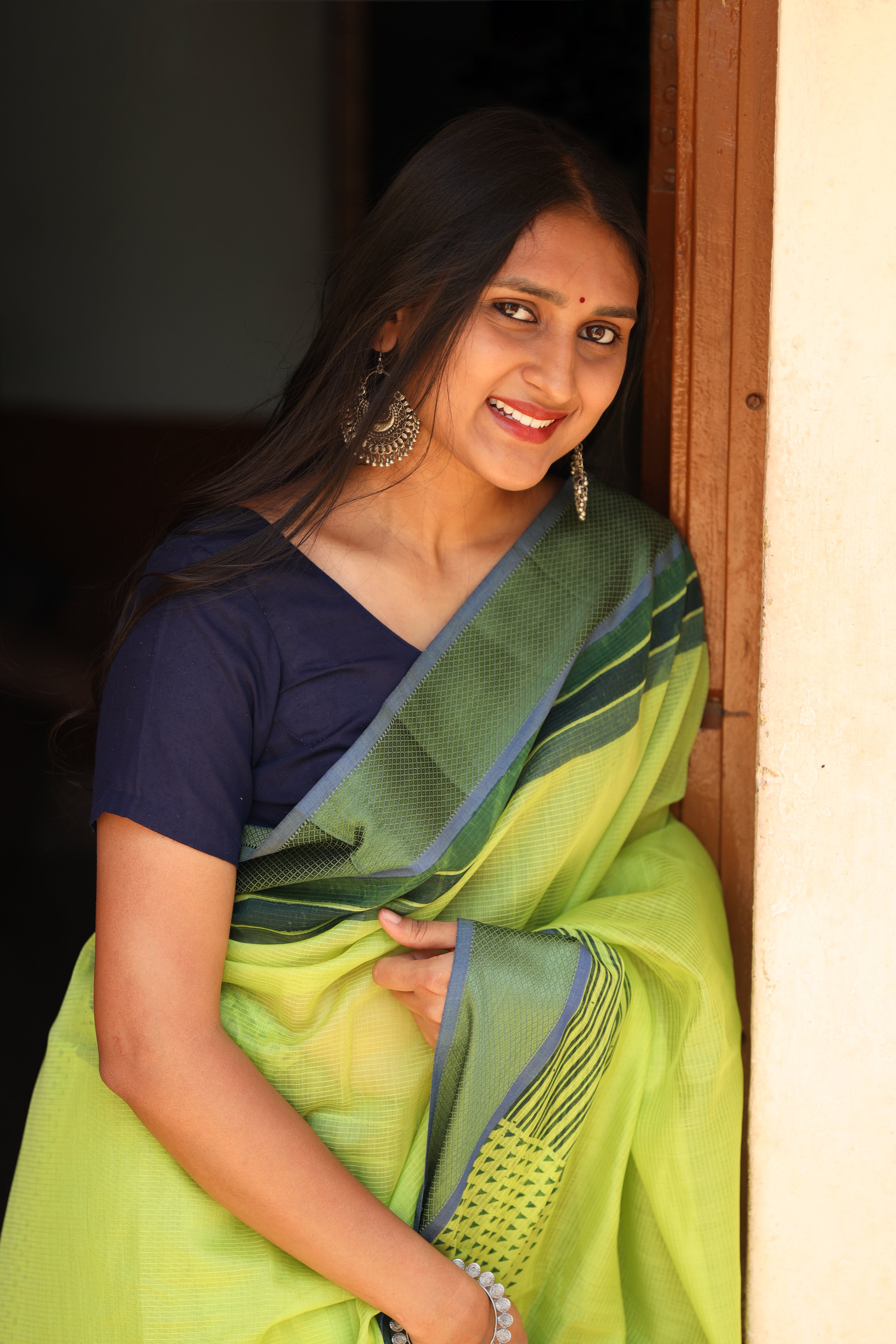 Banana Leaf Green Dots & Dashes Maheshwari Silk Cotton
