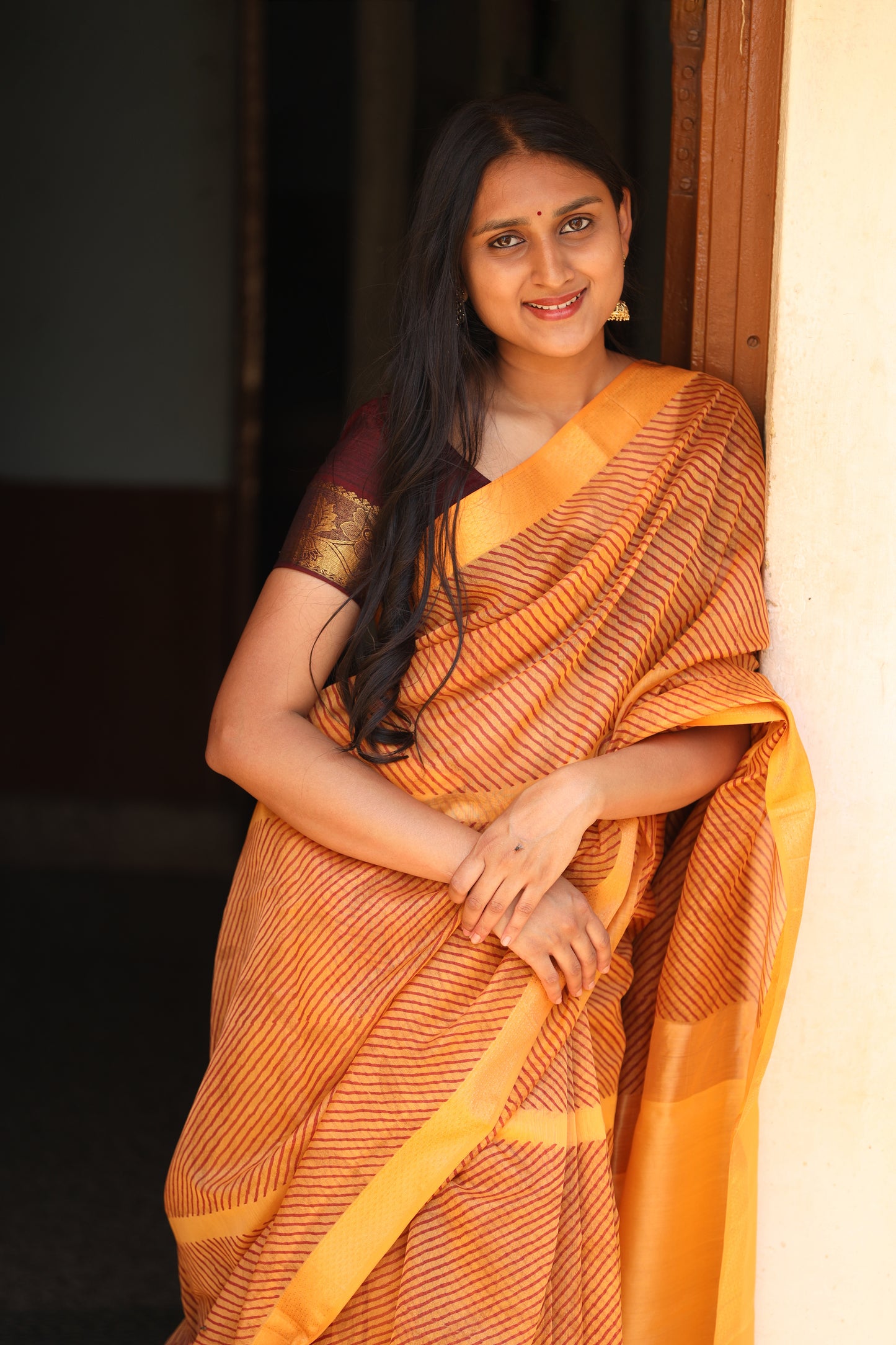 Sunrise Orange Handblock Printed Maheshwari Silk Cotton