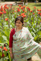 Canna Red Florals Handblock Printed Handwoven Tussar Silk Saree