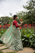 Canna Red Florals Handblock Printed Handwoven Tussar Silk Saree