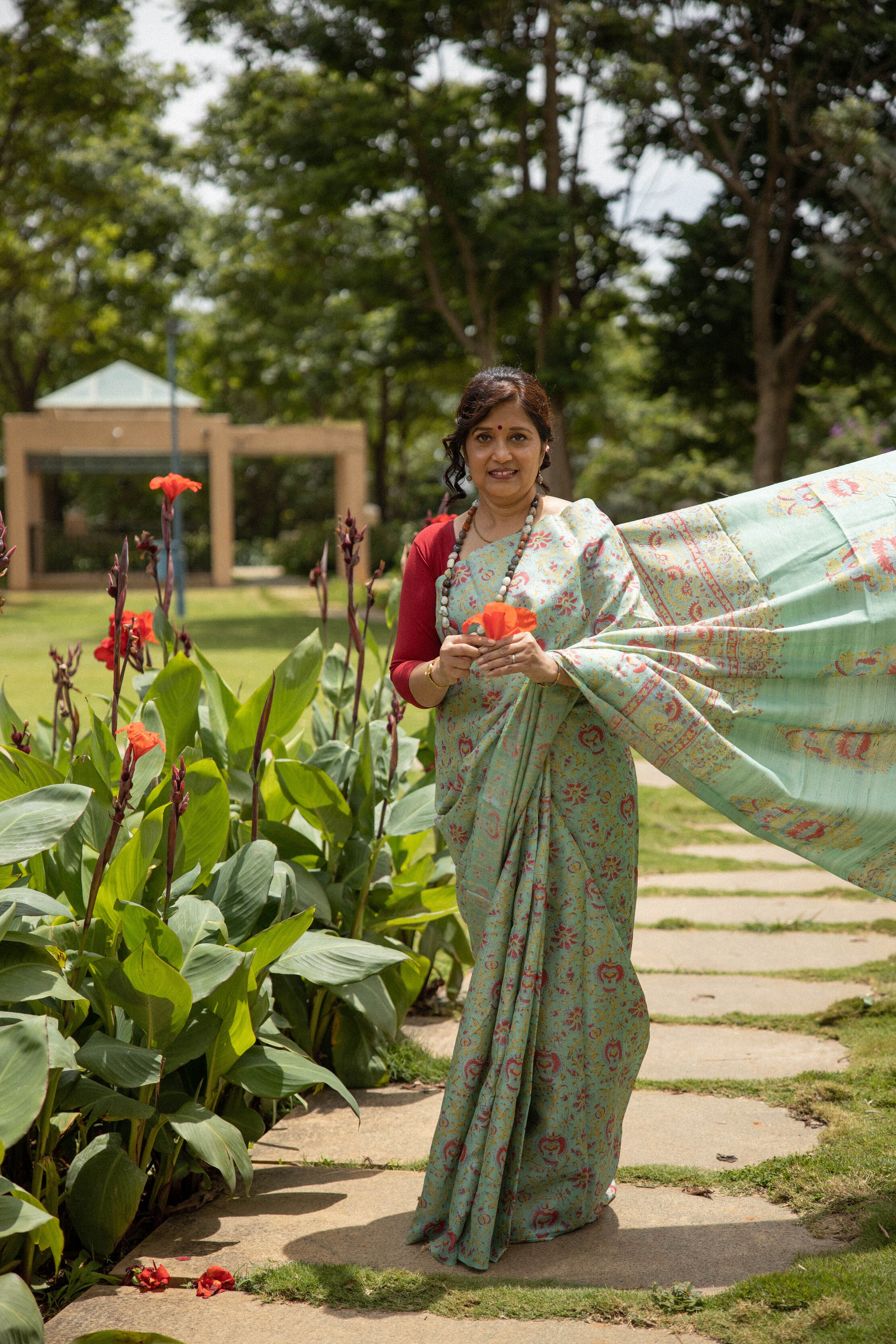 Canna Red Florals Handblock Printed Handwoven Tussar Silk Saree