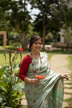 Canna Red Florals Handblock Printed Handwoven Tussar Silk Saree