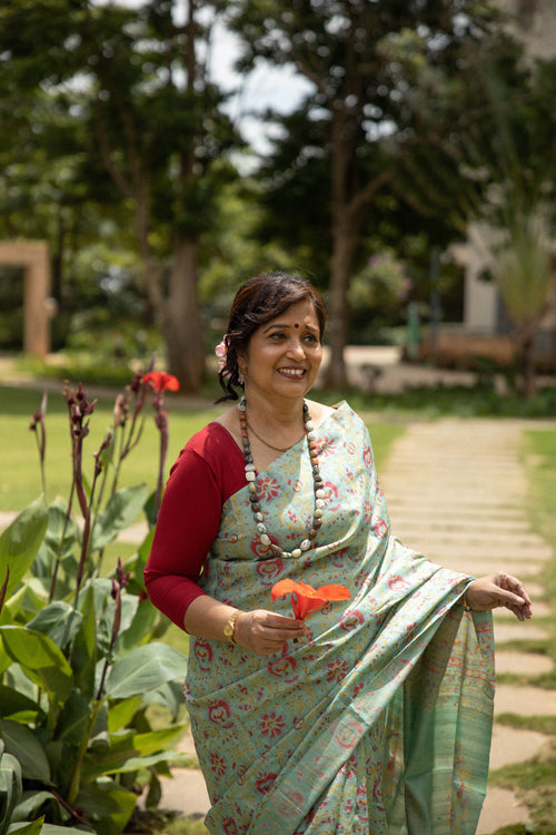 Canna Red Florals Handblock Printed Handwoven Tussar Silk Saree