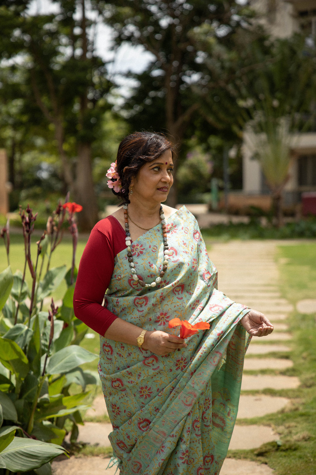 Canna Red Florals Handblock Printed Handwoven Tussar Silk Saree