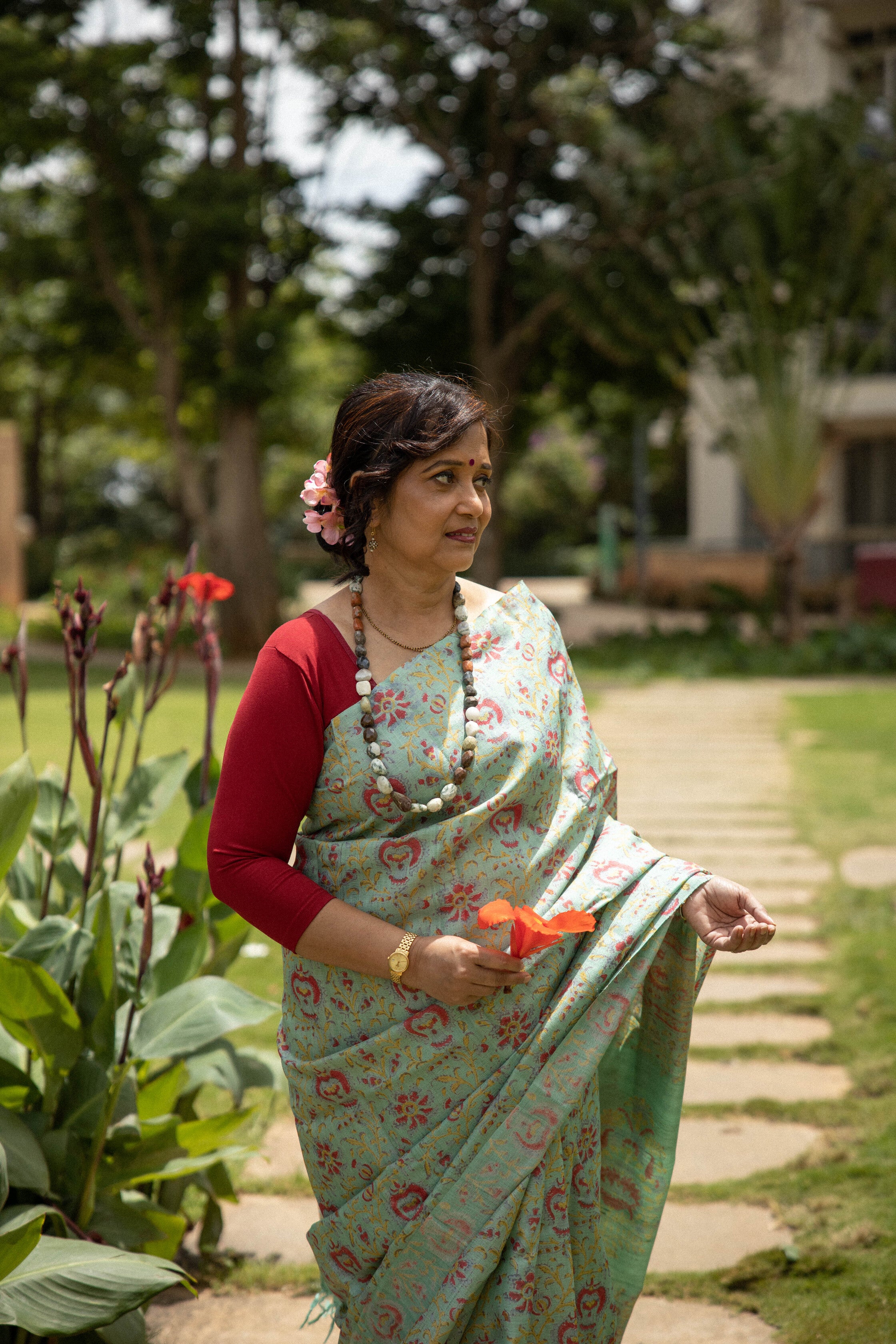 Canna Red Florals Handblock Printed Handwoven Tussar Silk Saree