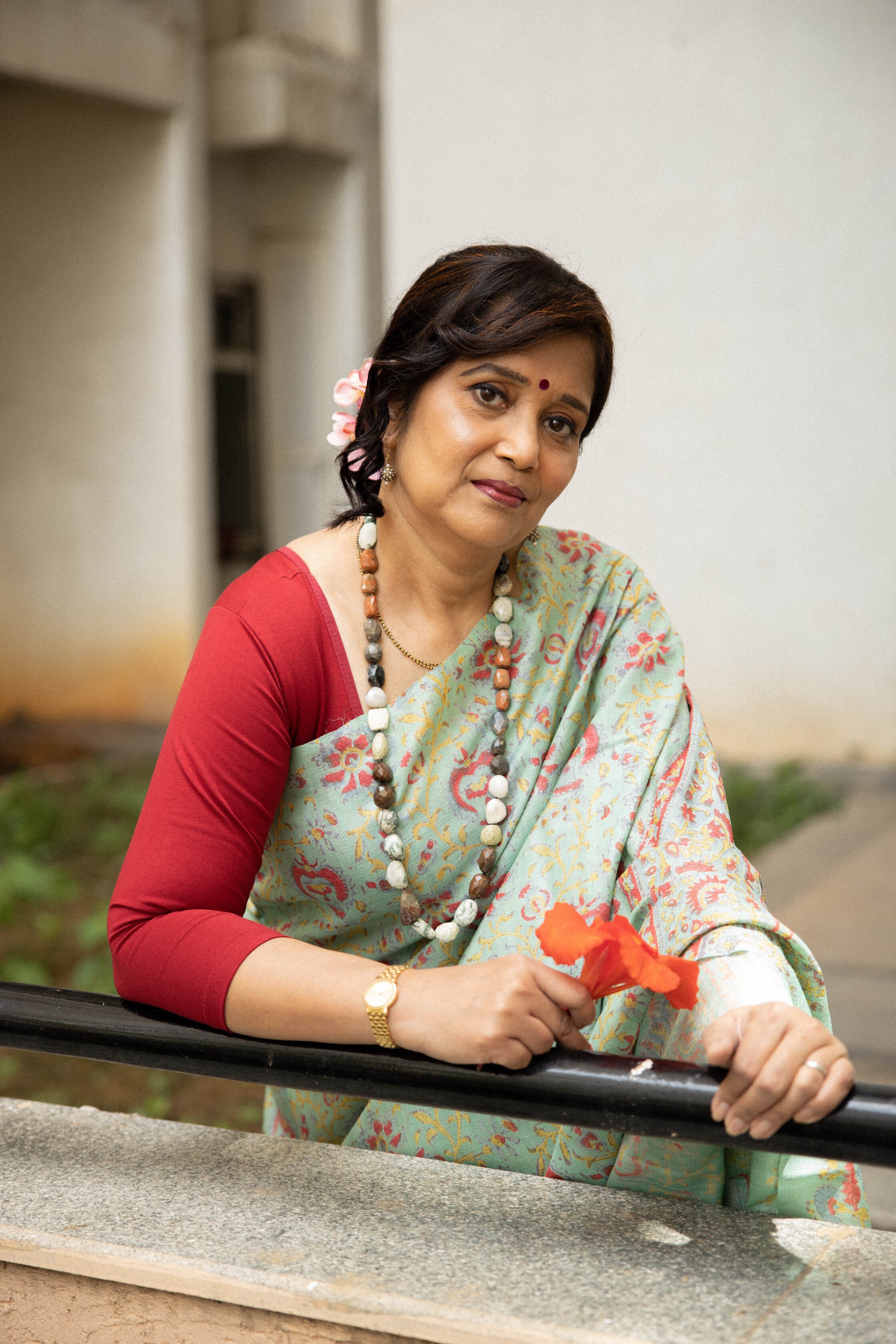 Canna Red Florals Handblock Printed Handwoven Tussar Silk Saree