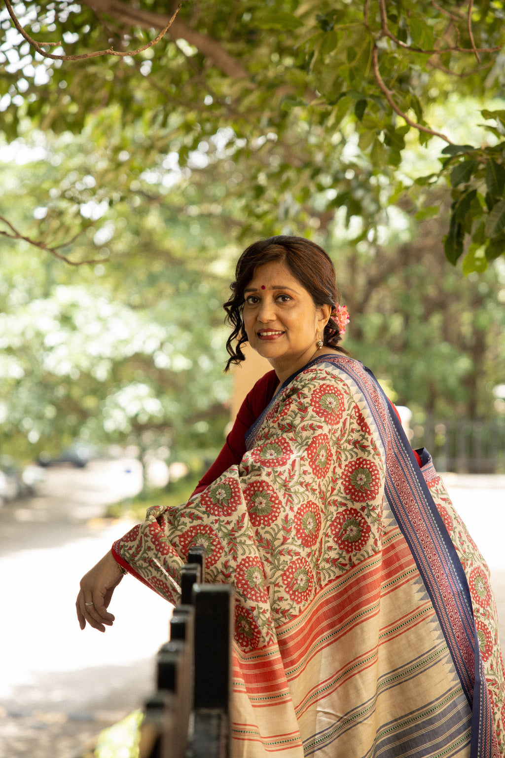 Red and Blue Large Florals Handblock Printed Handwoven Vidarbha Tussar Silk Saree