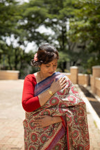 Red and Blue Large Florals Handblock Printed Handwoven Vidarbha Tussar Silk Saree