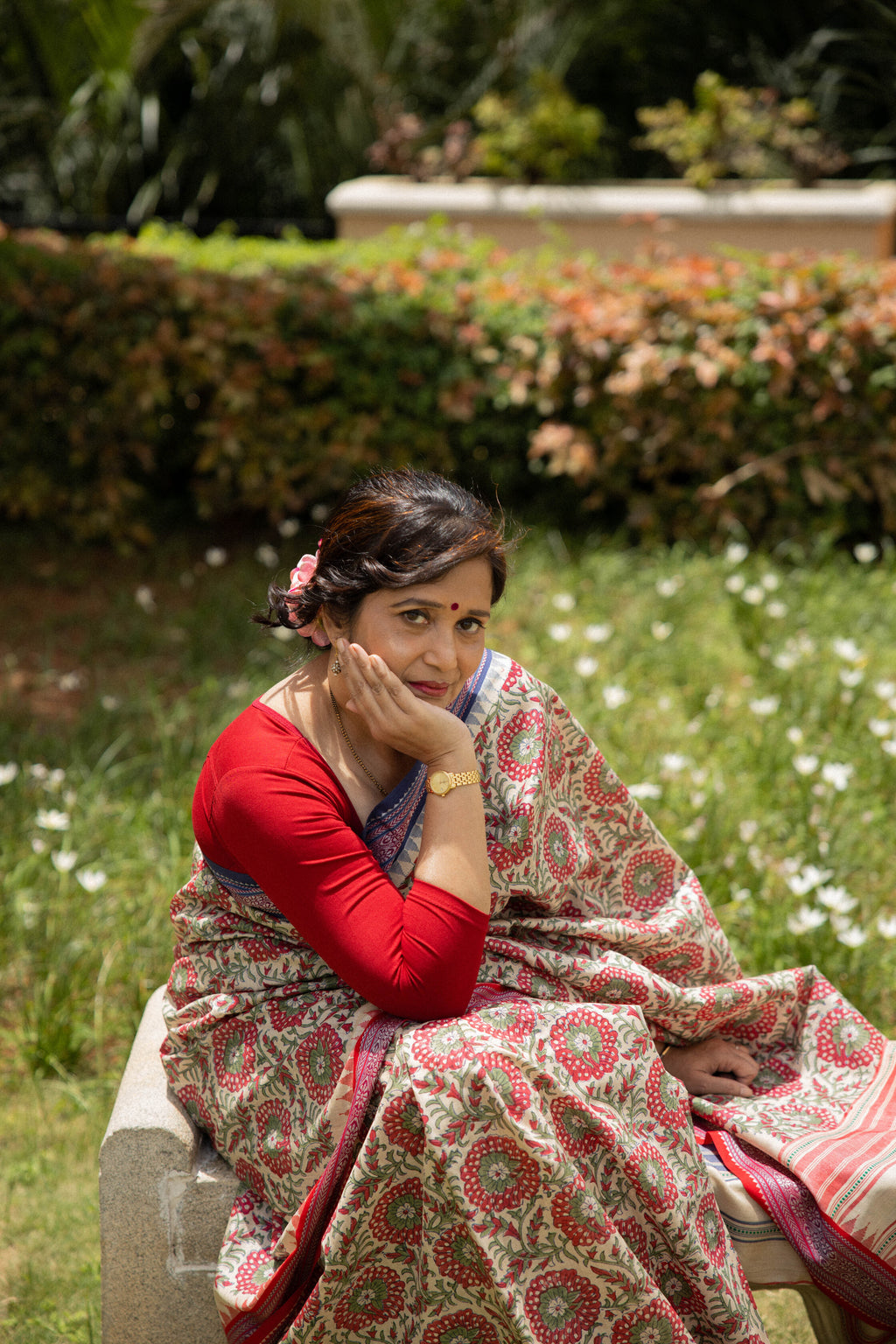 Red and Blue Large Florals Handblock Printed Handwoven Vidarbha Tussar Silk Saree