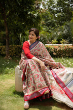 Red and Blue Large Florals Handblock Printed Handwoven Vidarbha Tussar Silk Saree