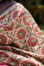 Red and Blue Large Florals Handblock Printed Handwoven Vidarbha Tussar Silk Saree