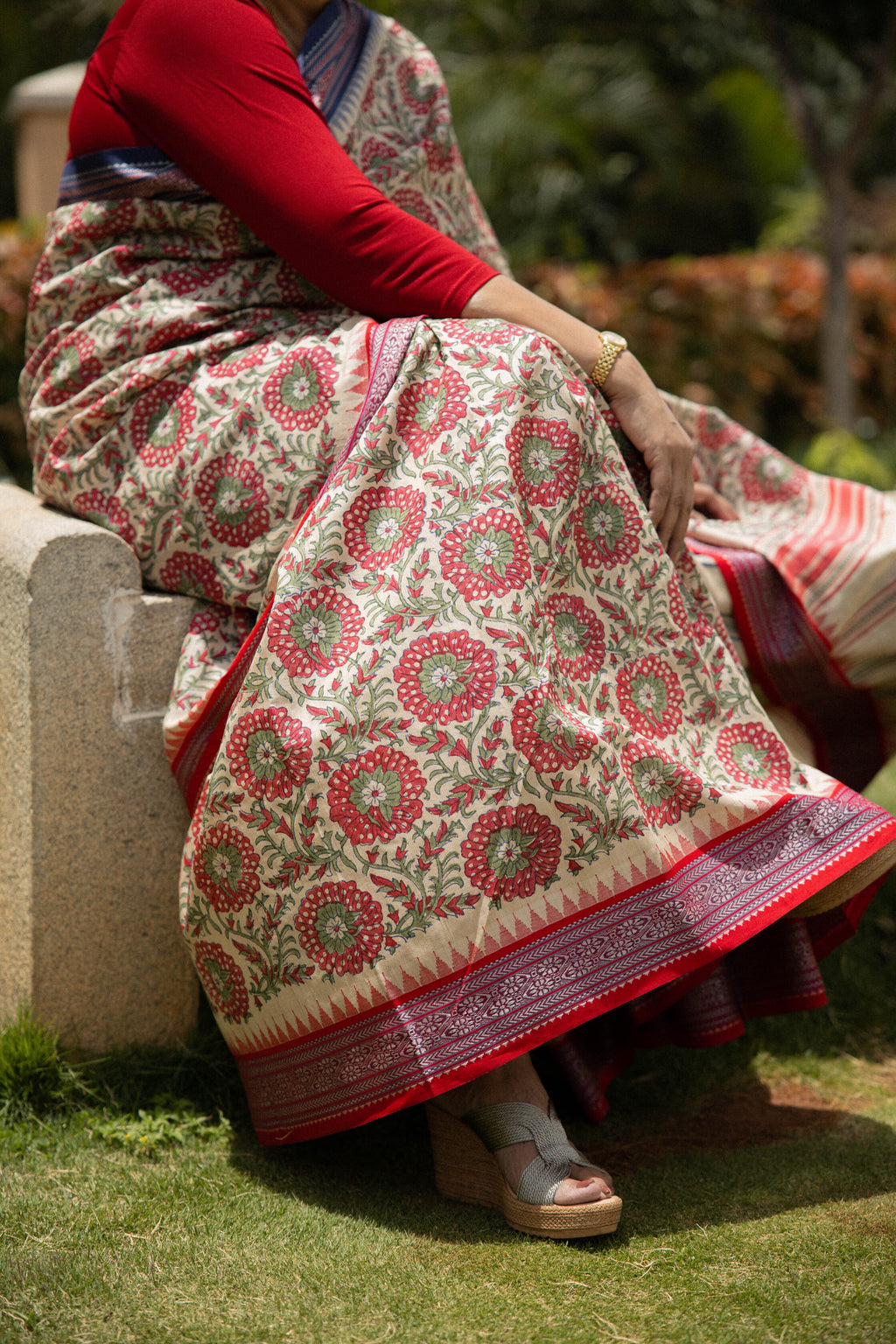 Red and Blue Large Florals Handblock Printed Handwoven Vidarbha Tussar Silk Saree