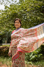 Red and Blue Large Florals Handblock Printed Handwoven Vidarbha Tussar Silk Saree