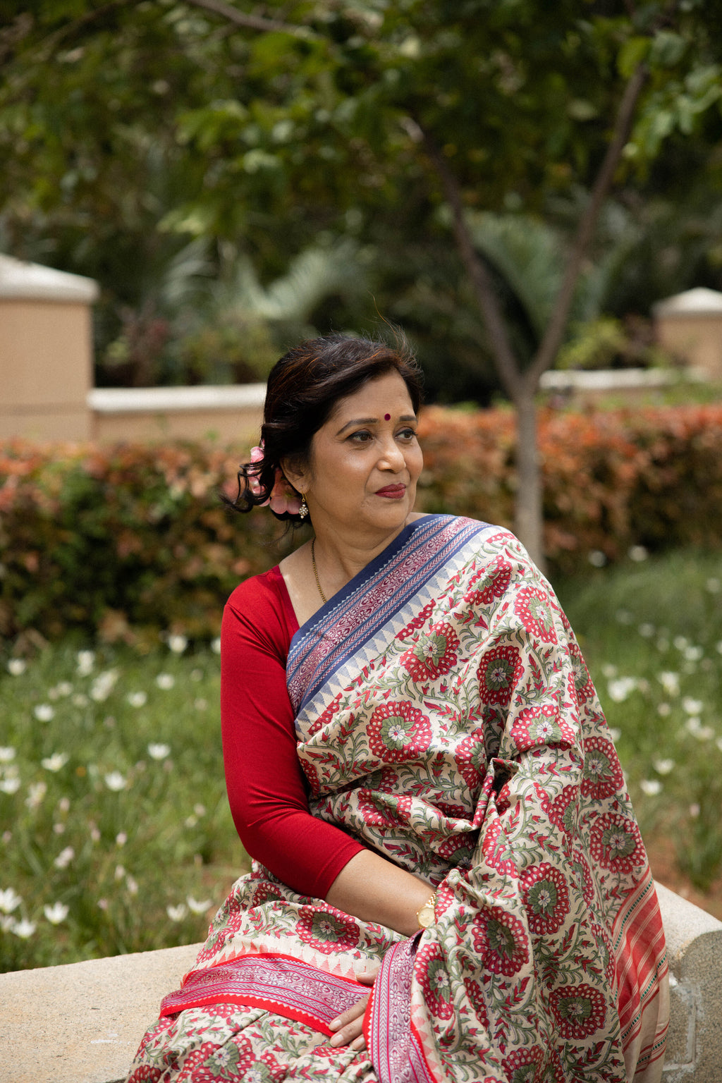 Red and Blue Large Florals Handblock Printed Handwoven Vidarbha Tussar Silk Saree