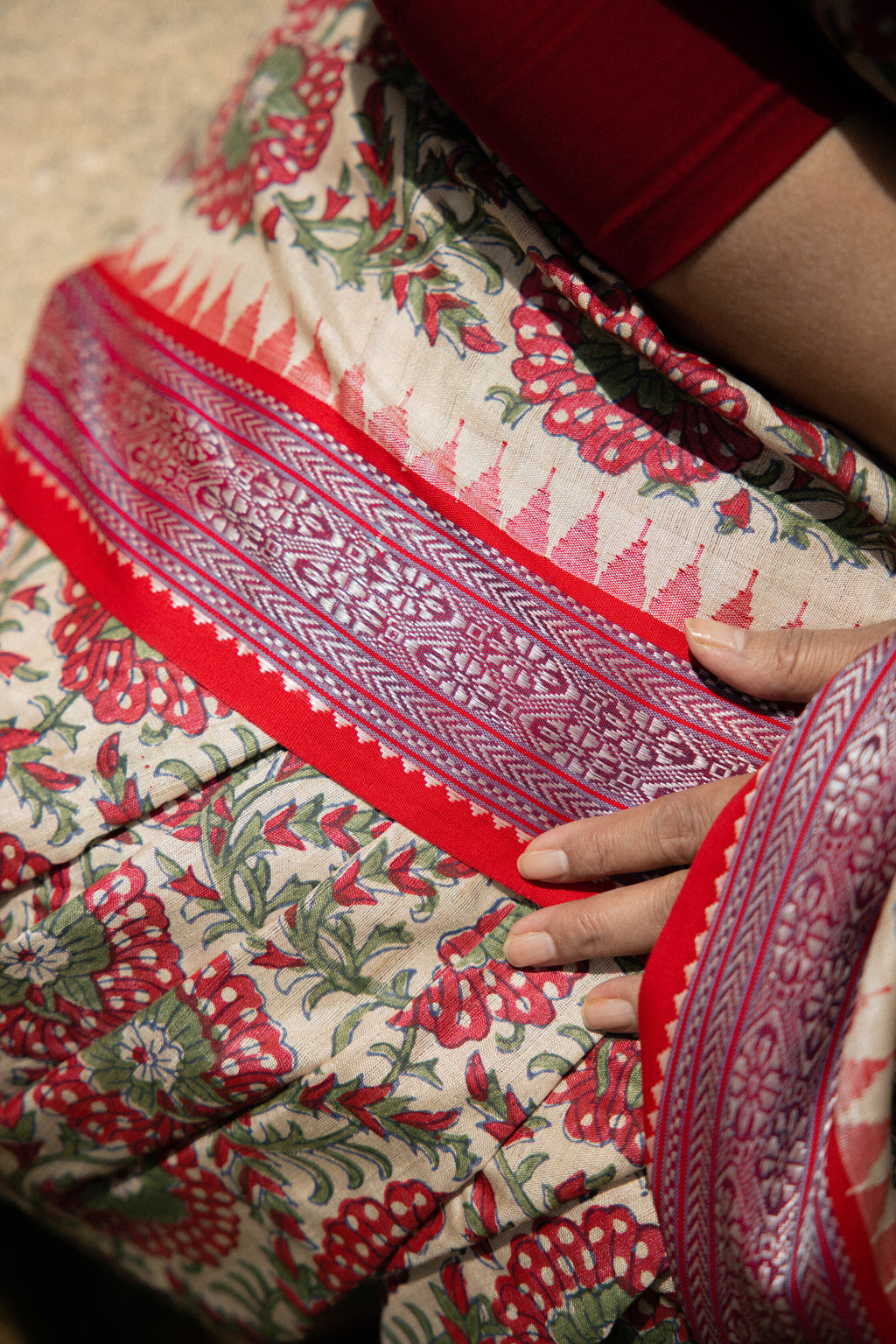 Red and Blue Large Florals Handblock Printed Handwoven Vidarbha Tussar Silk Saree