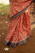 Red and Beige Half-and-Half Handblock Printed Handwoven Vidarbha Tussar Silk Saree