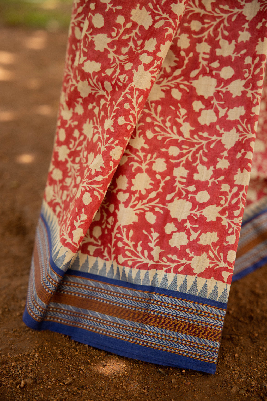 Red and Beige Half-and-Half Handblock Printed Handwoven Vidarbha Tussar Silk Saree