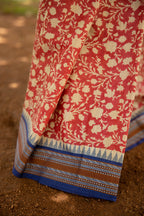 Red and Beige Half-and-Half Handblock Printed Handwoven Vidarbha Tussar Silk Saree