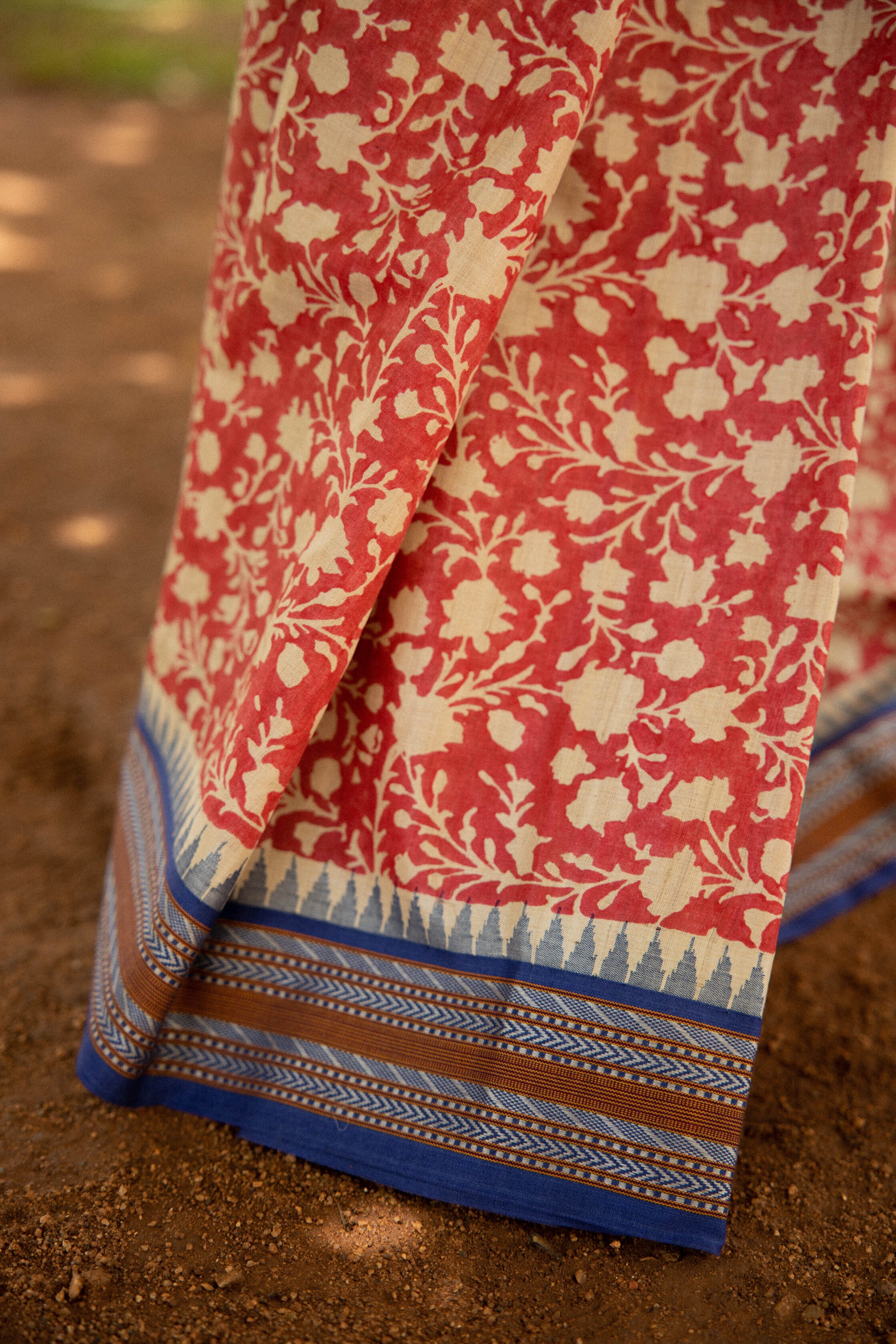 Red and Beige Half-and-Half Handblock Printed Handwoven Vidarbha Tussar Silk Saree