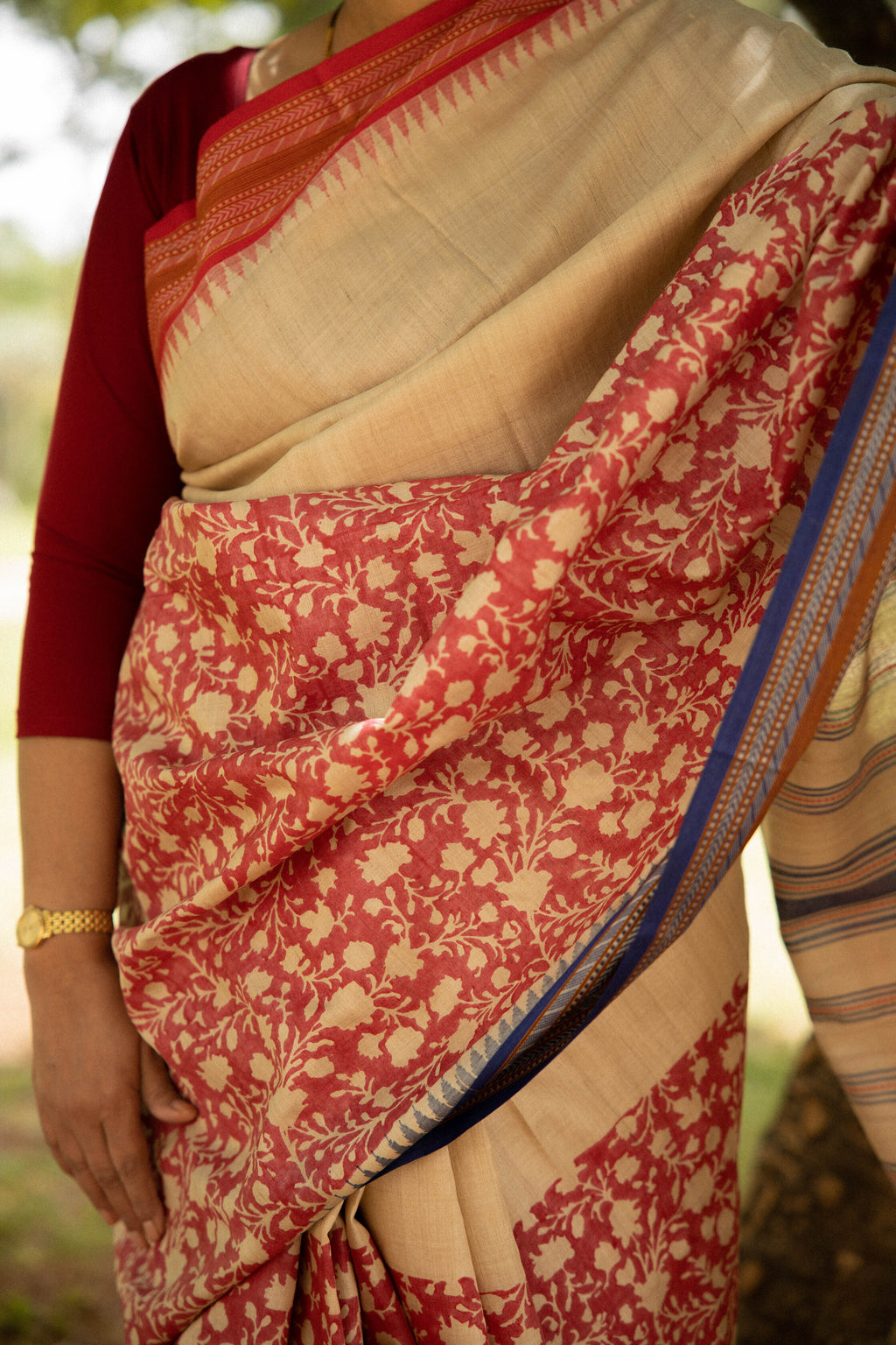 Red and Beige Half-and-Half Handblock Printed Handwoven Vidarbha Tussar Silk Saree