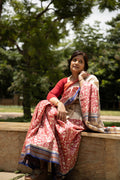 Red and Beige Half-and-Half Handblock Printed Handwoven Vidarbha Tussar Silk Saree