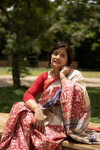 Red and Beige Half-and-Half Handblock Printed Handwoven Vidarbha Tussar Silk Saree