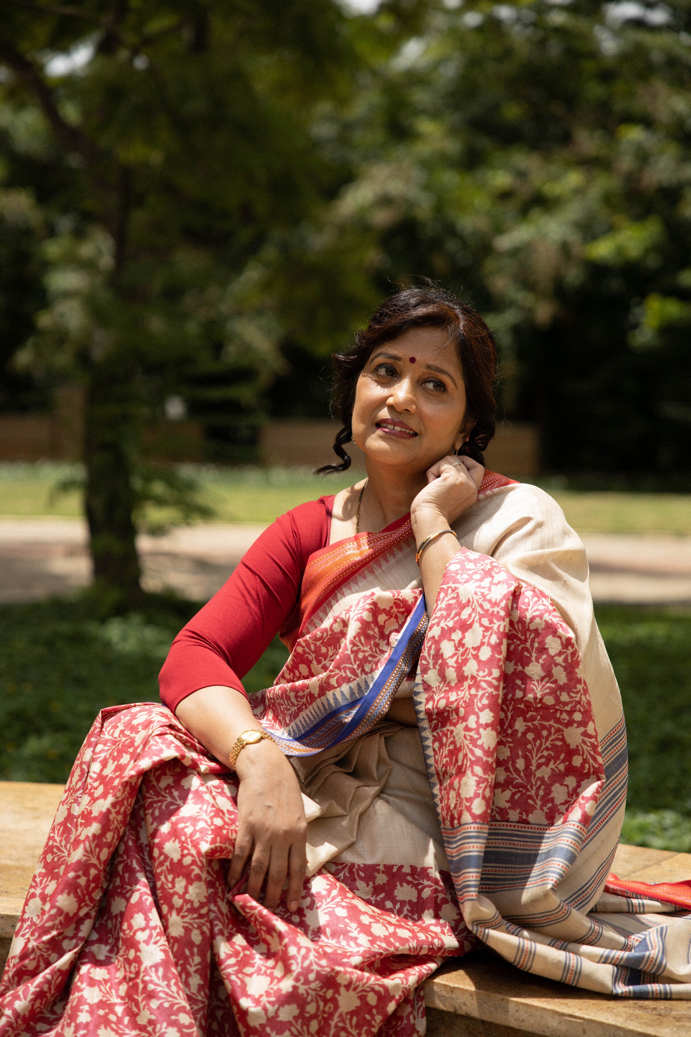 Red and Beige Half-and-Half Handblock Printed Handwoven Vidarbha Tussar Silk Saree