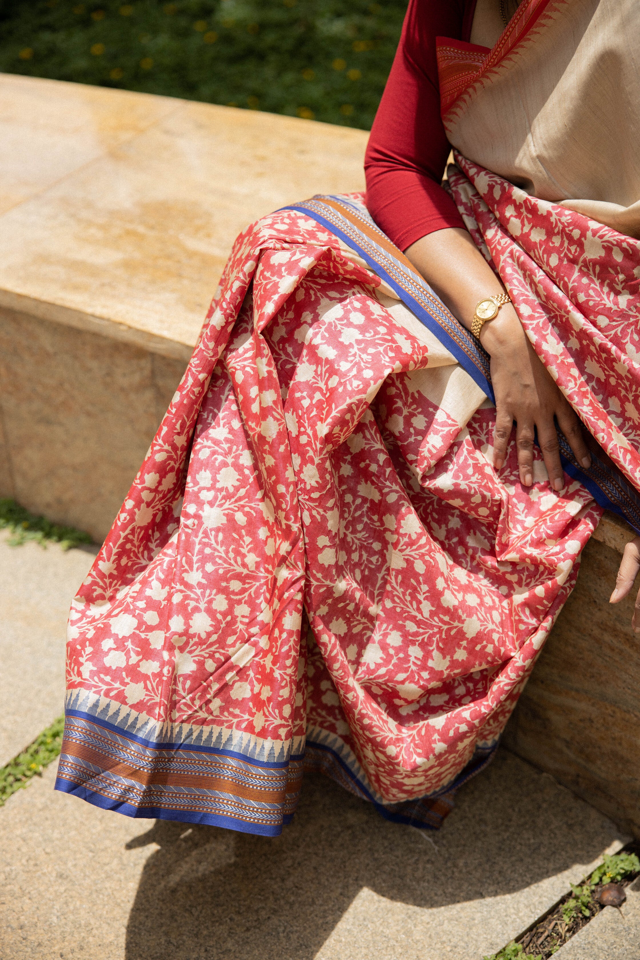 Red and Beige Half-and-Half Handblock Printed Handwoven Vidarbha Tussar Silk Saree