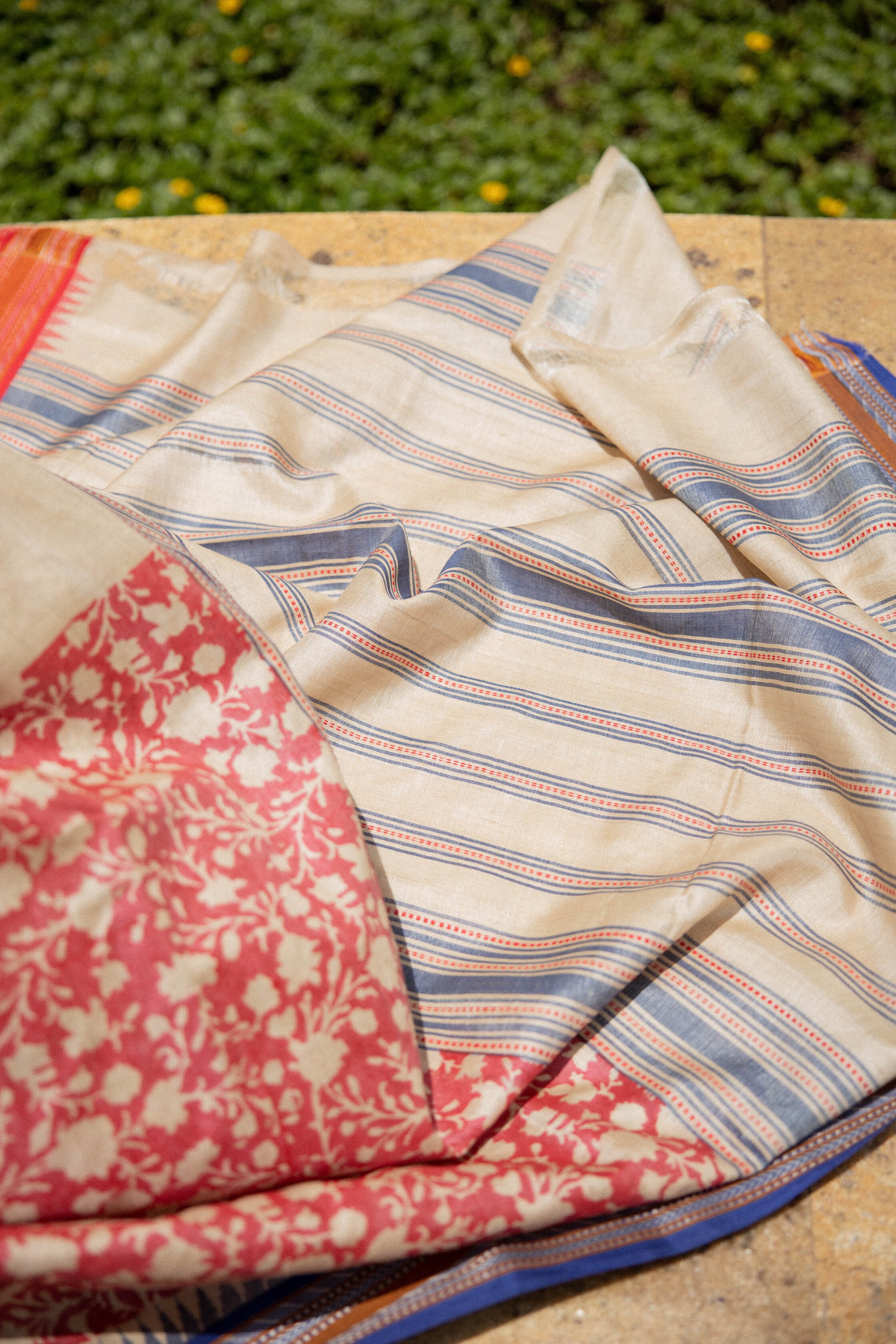 Red and Beige Half-and-Half Handblock Printed Handwoven Vidarbha Tussar Silk Saree