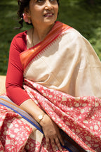 Red and Beige Half-and-Half Handblock Printed Handwoven Vidarbha Tussar Silk Saree