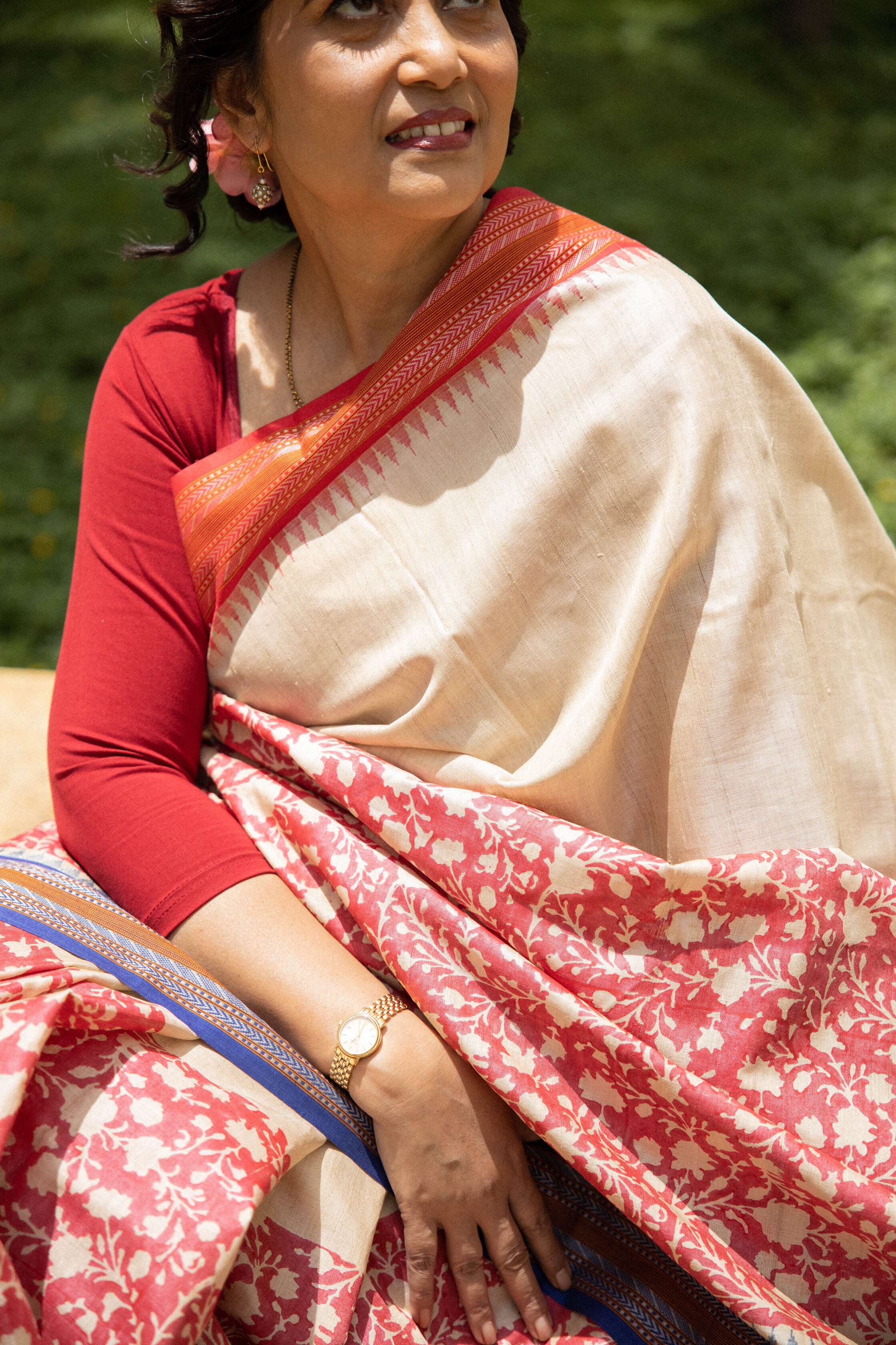 Red and Beige Half-and-Half Handblock Printed Handwoven Vidarbha Tussar Silk Saree