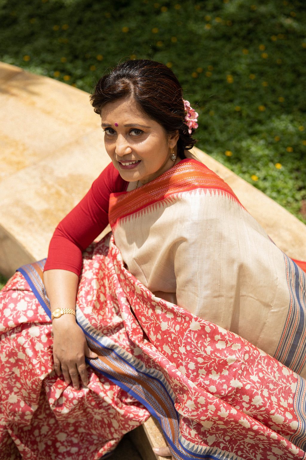 Red and Beige Half-and-Half Handblock Printed Handwoven Vidarbha Tussar Silk Saree