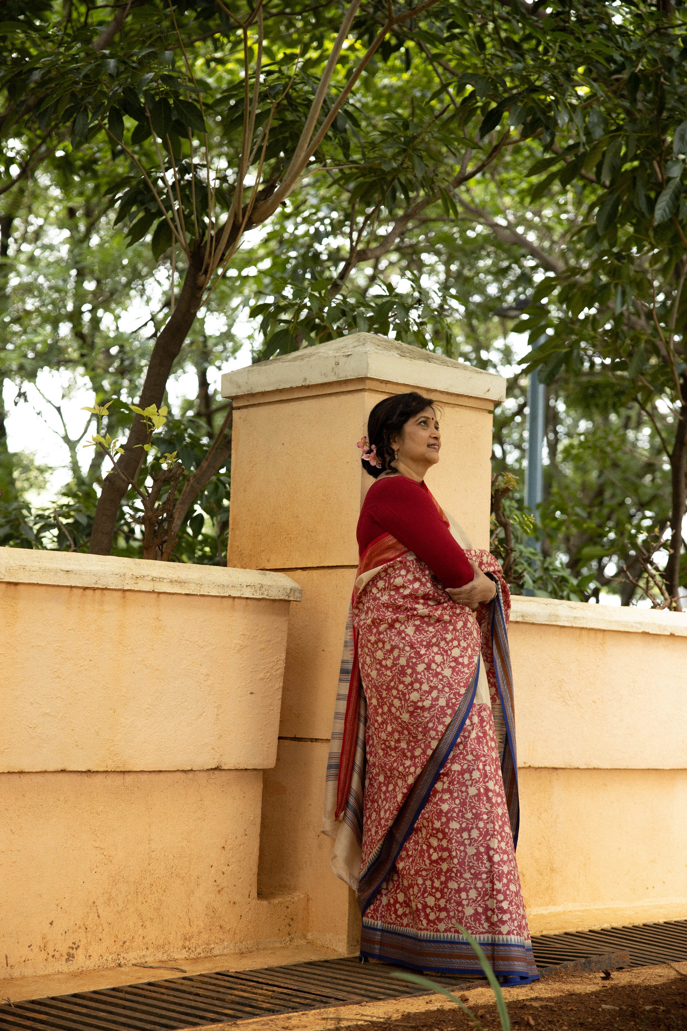 Red and Beige Half-and-Half Handblock Printed Handwoven Vidarbha Tussar Silk Saree