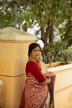 Red and Beige Half-and-Half Handblock Printed Handwoven Vidarbha Tussar Silk Saree