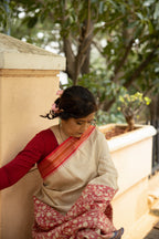 Red and Beige Half-and-Half Handblock Printed Handwoven Vidarbha Tussar Silk Saree