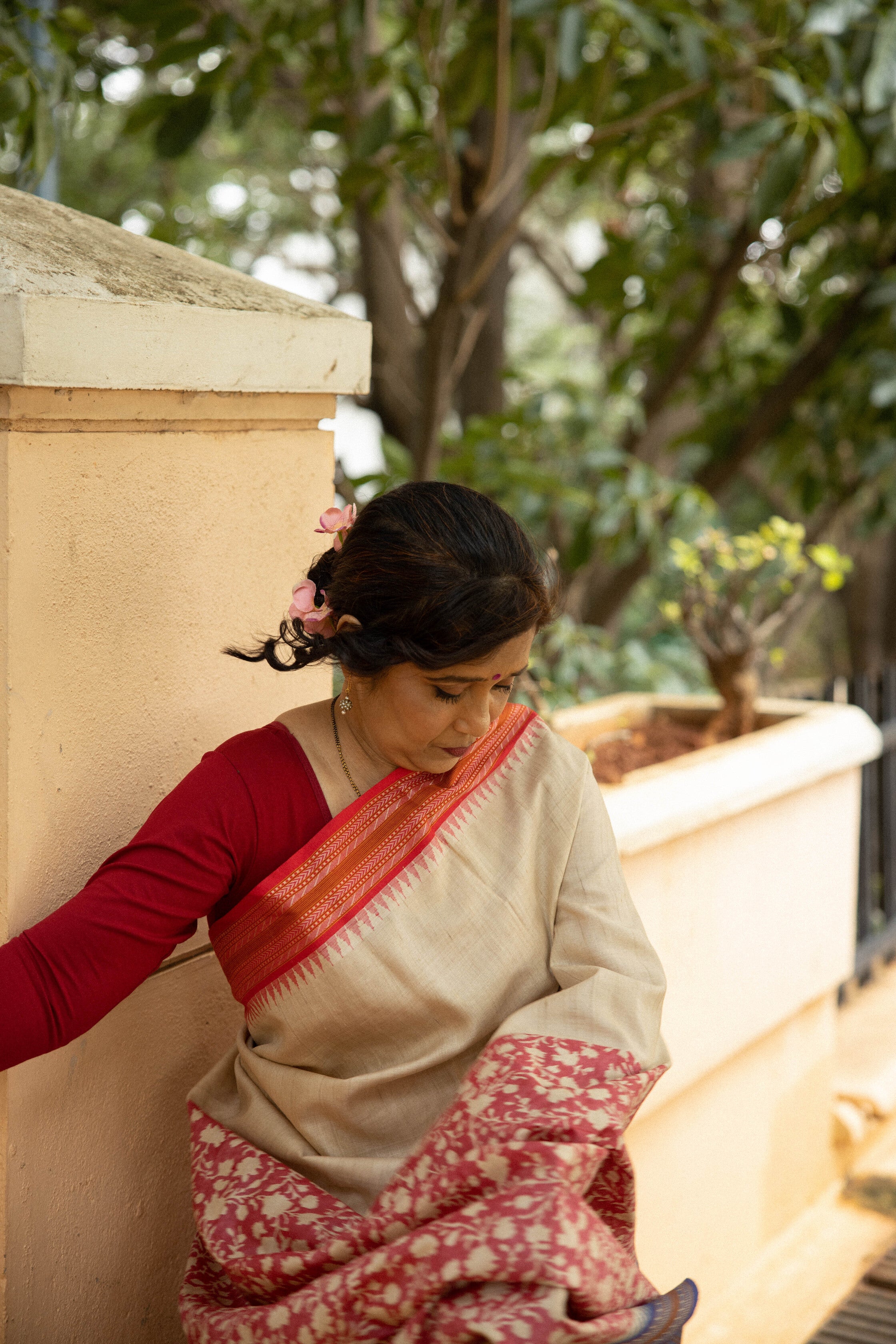 Red and Beige Half-and-Half Handblock Printed Handwoven Vidarbha Tussar Silk Saree