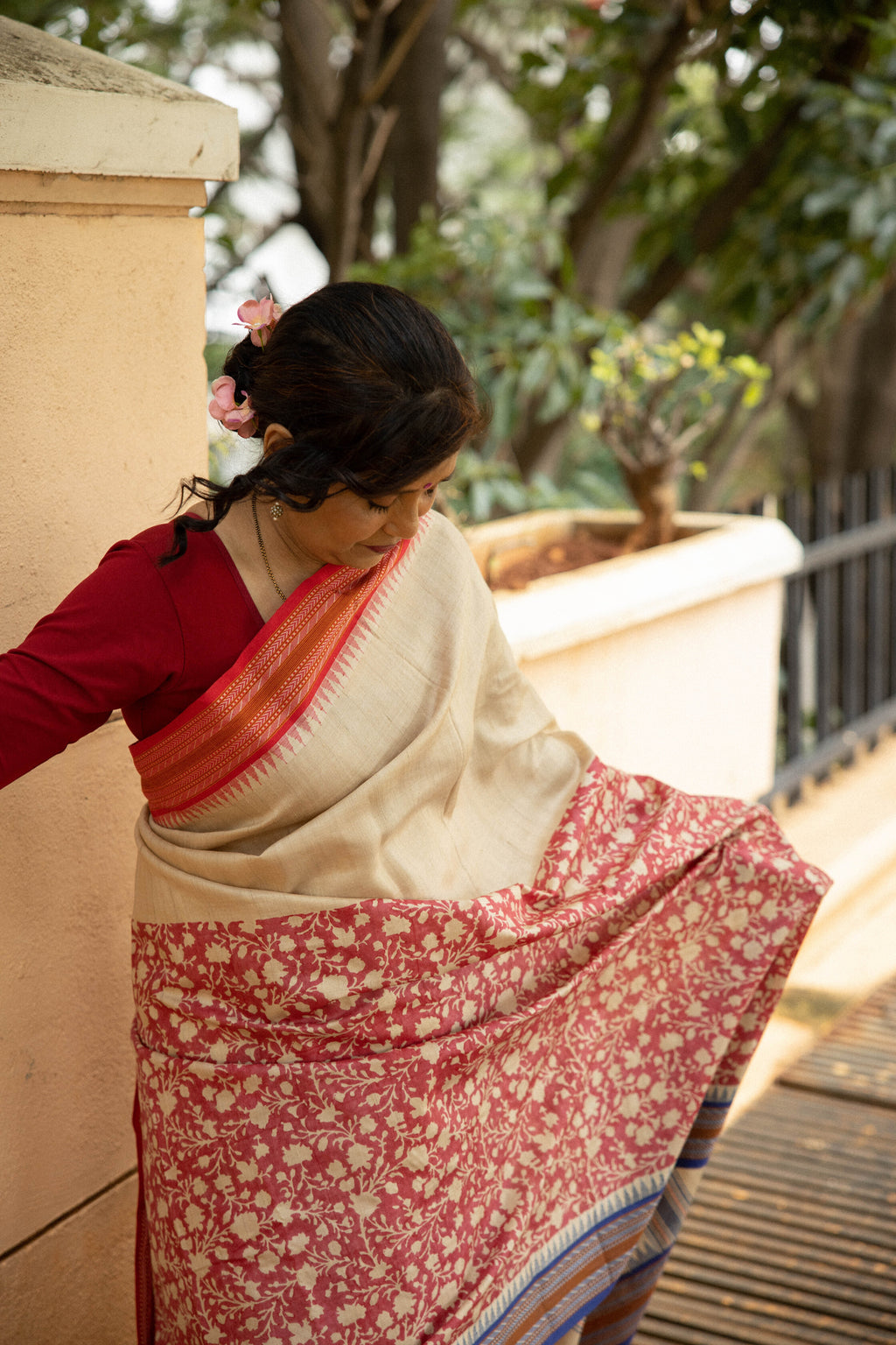 Red and Beige Half-and-Half Handblock Printed Handwoven Vidarbha Tussar Silk Saree