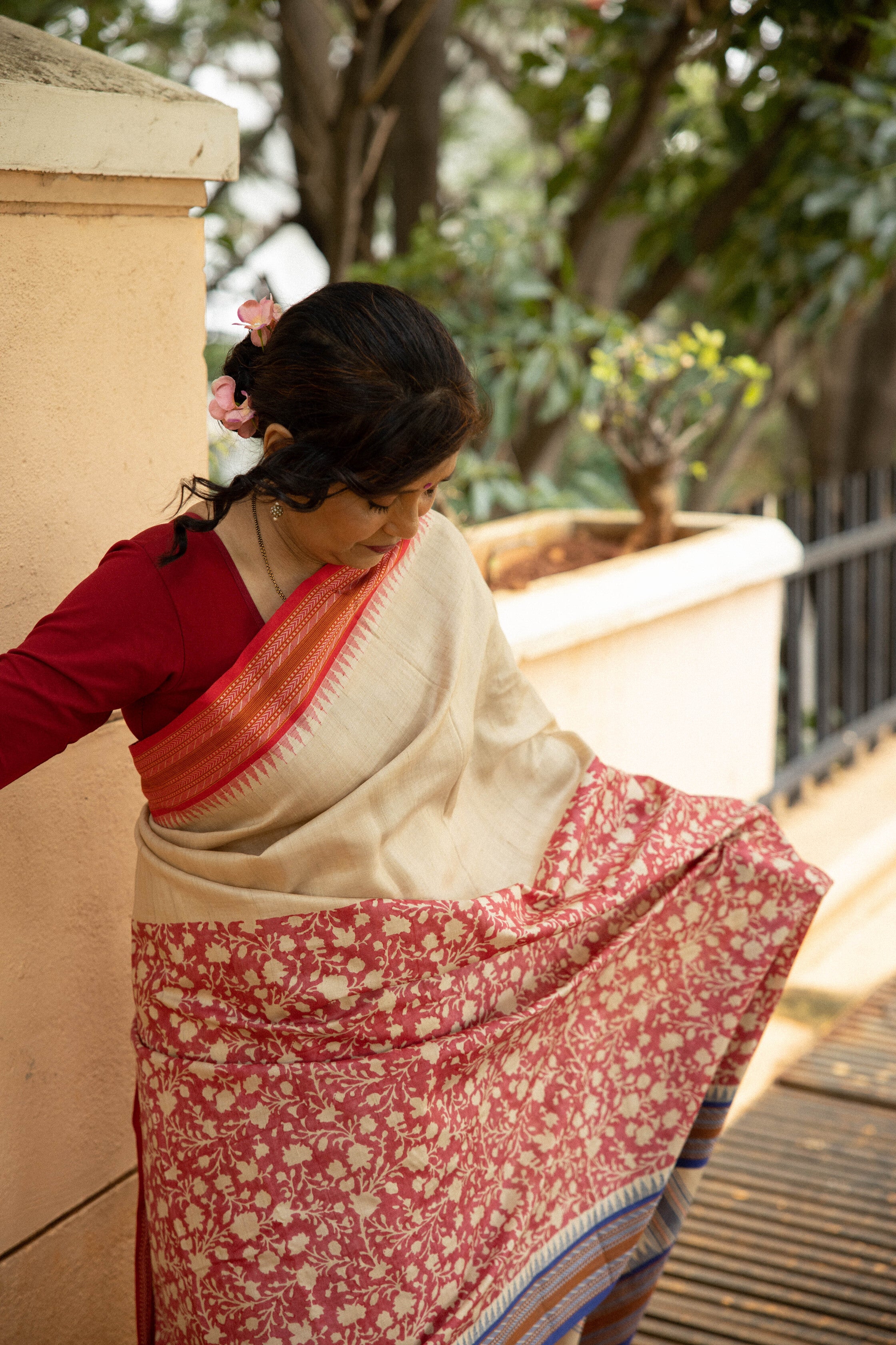 Red and Beige Half-and-Half Handblock Printed Handwoven Vidarbha Tussar Silk Saree