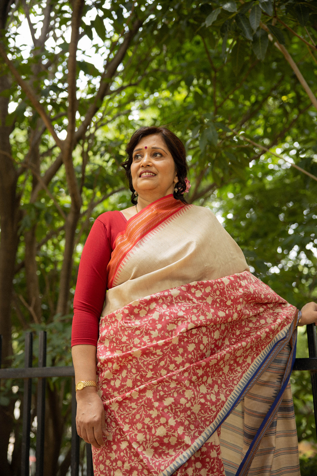 Red and Beige Half-and-Half Handblock Printed Handwoven Vidarbha Tussar Silk Saree