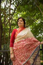 Red and Beige Half-and-Half Handblock Printed Handwoven Vidarbha Tussar Silk Saree