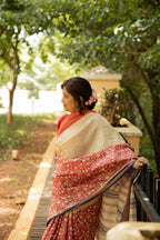 Red and Beige Half-and-Half Handblock Printed Handwoven Vidarbha Tussar Silk Saree
