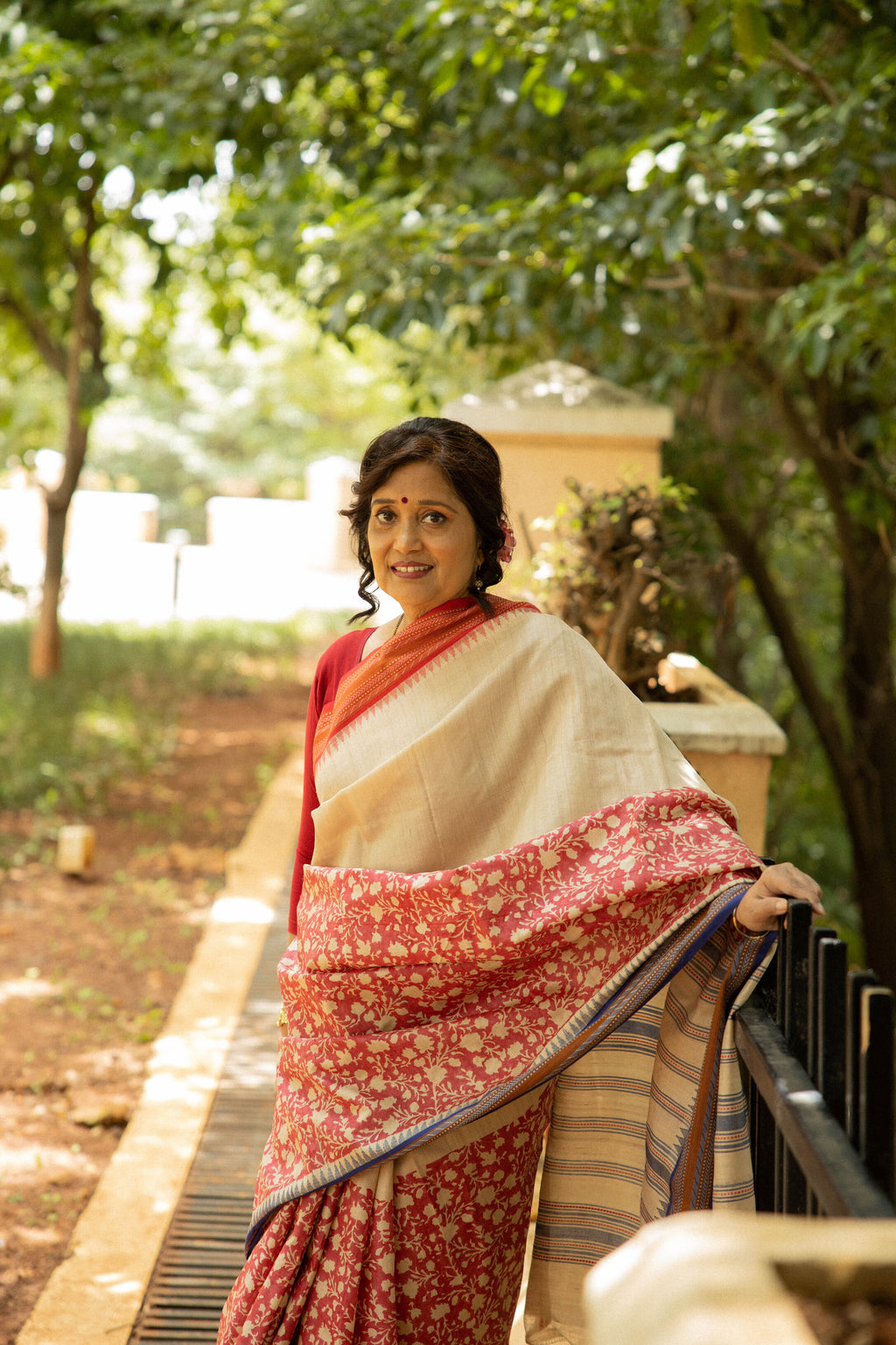 Red and Beige Half-and-Half Handblock Printed Handwoven Vidarbha Tussar Silk Saree