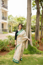 Dragonfly Dance Beige and Green Handblock Printed Handwoven Vidarbha Tussar Silk Saree