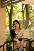 Dragonfly Dance Beige and Green Handblock Printed Handwoven Vidarbha Tussar Silk Saree