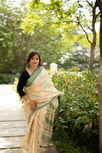Dragonfly Dance Beige and Green Handblock Printed Handwoven Vidarbha Tussar Silk Saree
