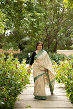 Dragonfly Dance Beige and Green Handblock Printed Handwoven Vidarbha Tussar Silk Saree