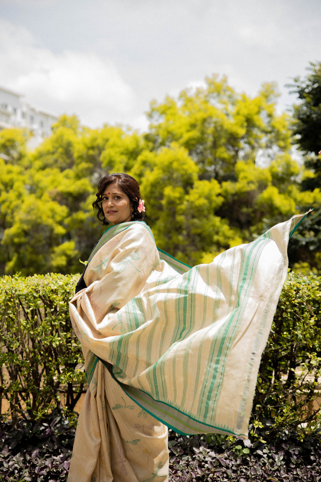 Dragonfly Dance Beige and Green Handblock Printed Handwoven Vidarbha Tussar Silk Saree