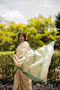 Dragonfly Dance Beige and Green Handblock Printed Handwoven Vidarbha Tussar Silk Saree