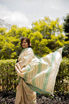 Dragonfly Dance Beige and Green Handblock Printed Handwoven Vidarbha Tussar Silk Saree